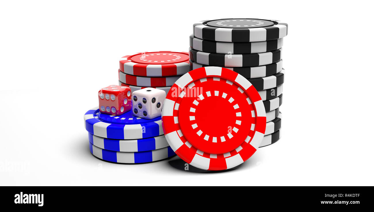 Gambling, casino concept. Poker chips piles and dice isolated on white