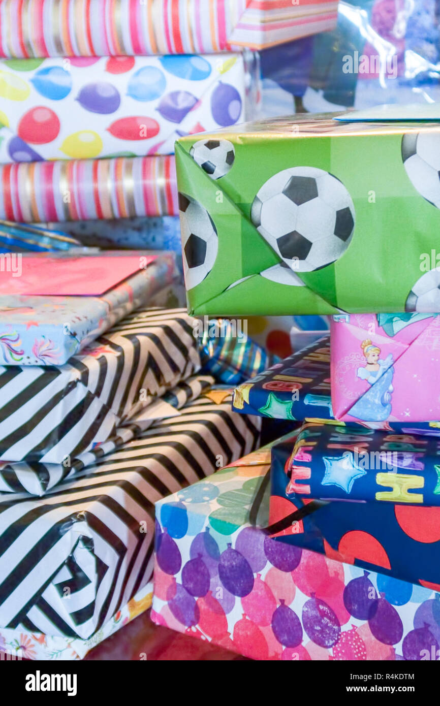 Pile of wrapped birthday presents Stock Photo