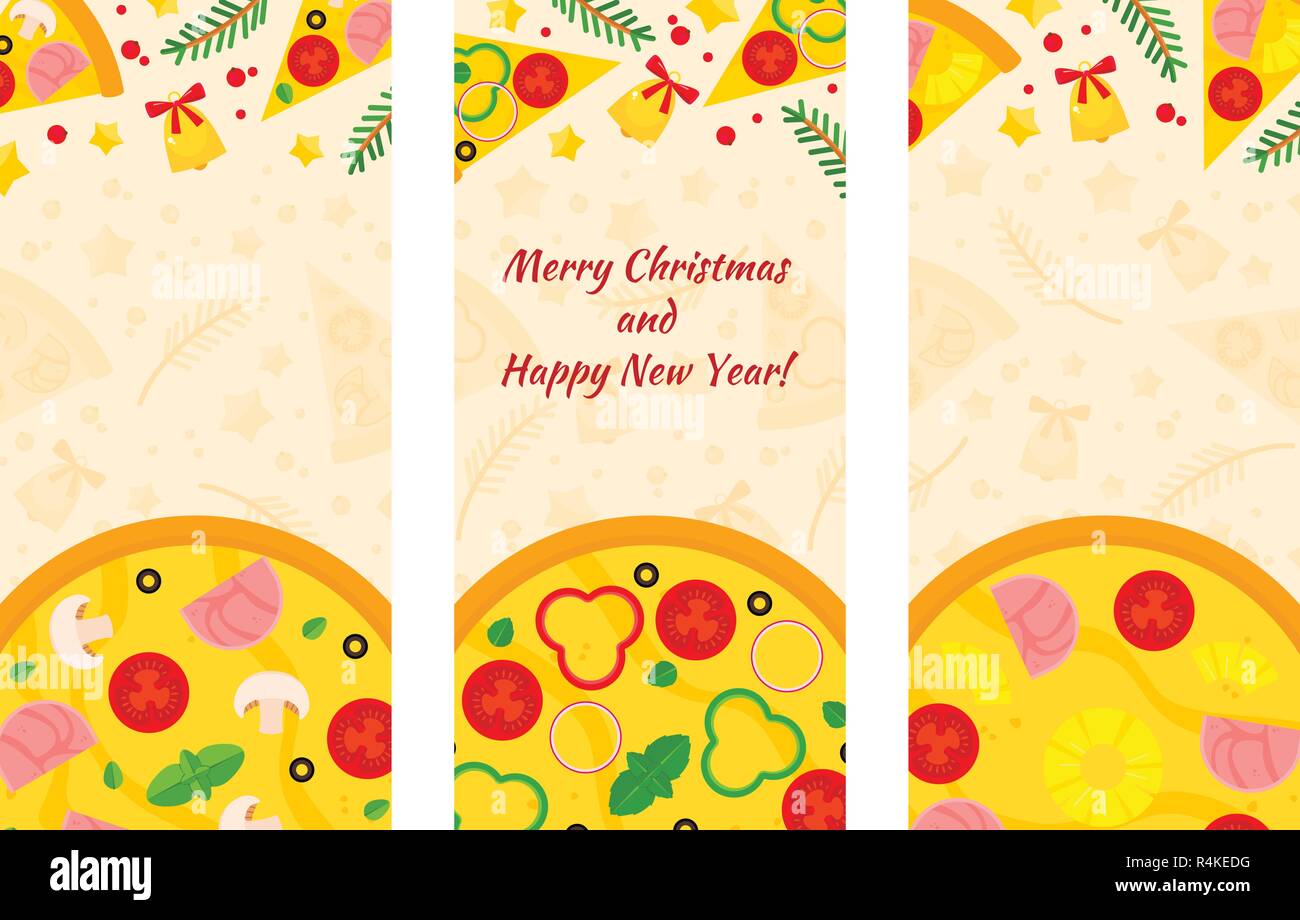 Vector Christmas And New Years Flyers Of Pizza And Pizzeria Three Vertical Pizza Banners With Ingredients And Text On Background Stock Vector Image Art Alamy