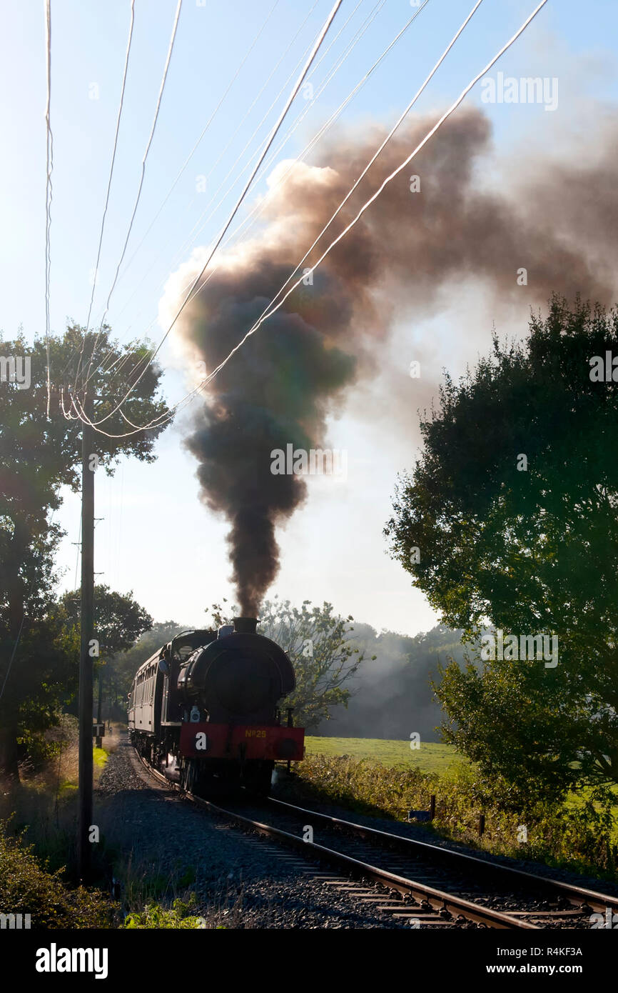 Austerity saddle tank 0-6-0 steam locomotive hauls a train up the steam incline between Rolvenden and Tenterden on the Kent & East Sussex Railway, UK Stock Photo