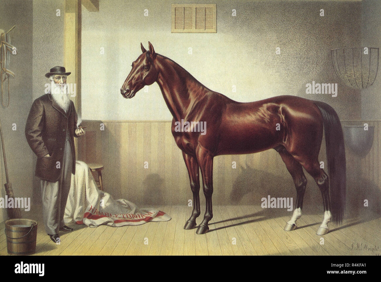 Horse and Man in Stall, Currier, Nathaniel & Ives, Jam. Stock Photo
