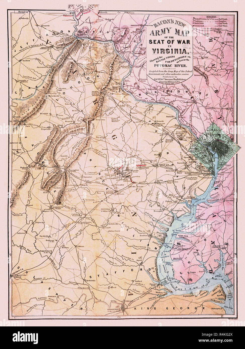 Civil War Map- Virginia 1862, Bacon. Stock Photo