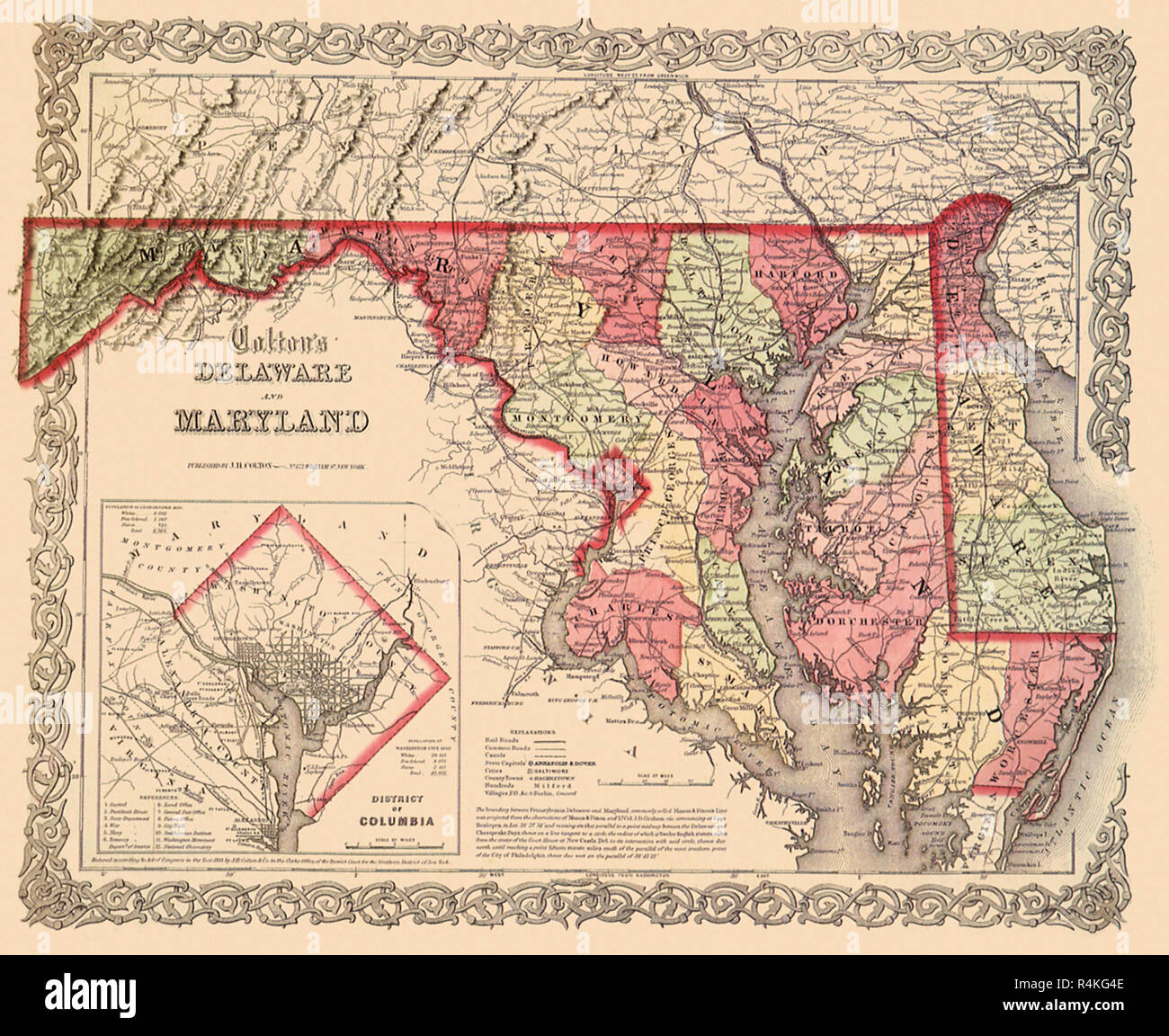 Map of Original D.C. 1865, Colton, G.W. Stock Photo