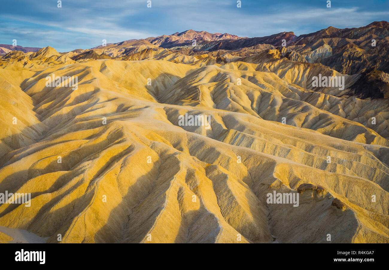 View from Zabriskie Point on eroded landscapes in Death Valley Stock