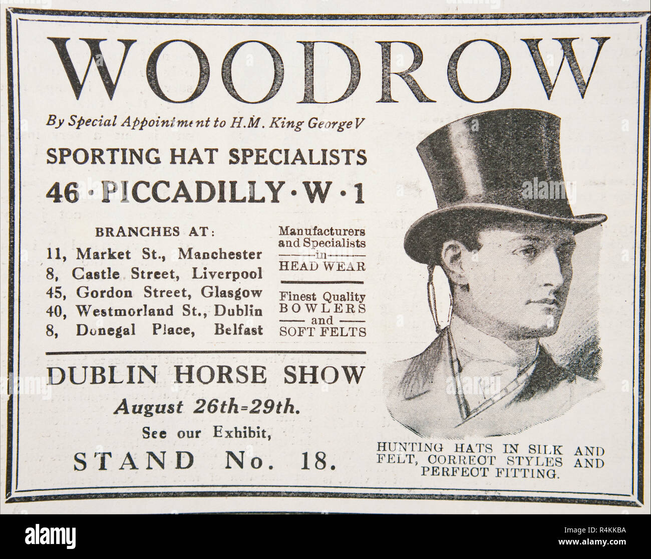 An old advert for Woodrow Sporting Hat Specialists. From an old British magazine from the 1914-1919 period. Stock Photo