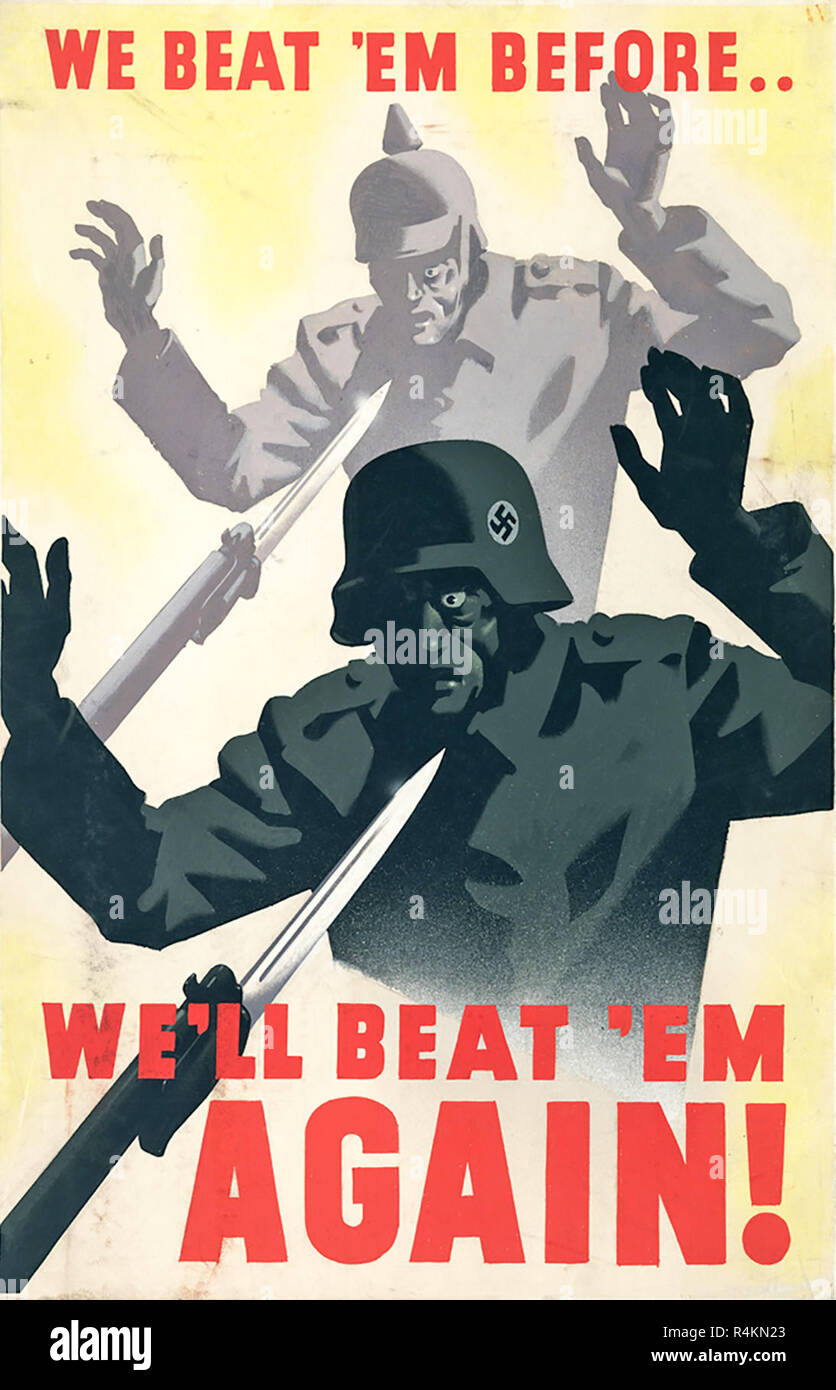 Second world war British propaganda poster about beating the Germans again 'We beat 'em before.... We'll beat 'em again' Stock Photo