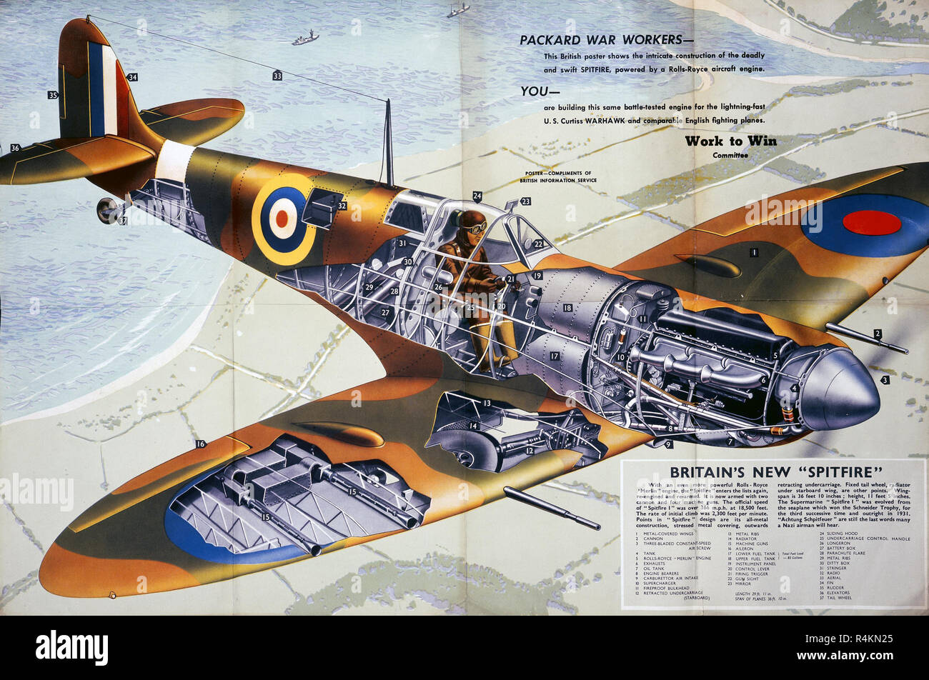New Spitfire fighter plane poster from British Information Service 1940s production e by Central Office of Information for Packard war workers constructing the planes Stock Photo
