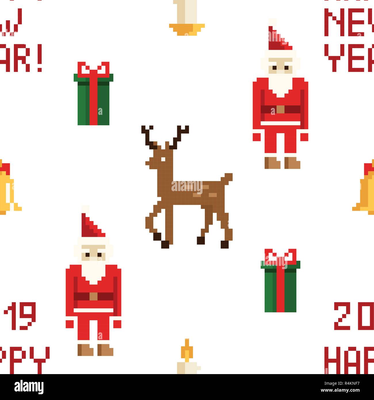 Colorful Pixel Pattern with Christmas Elements. Atcade games style Stock Vector