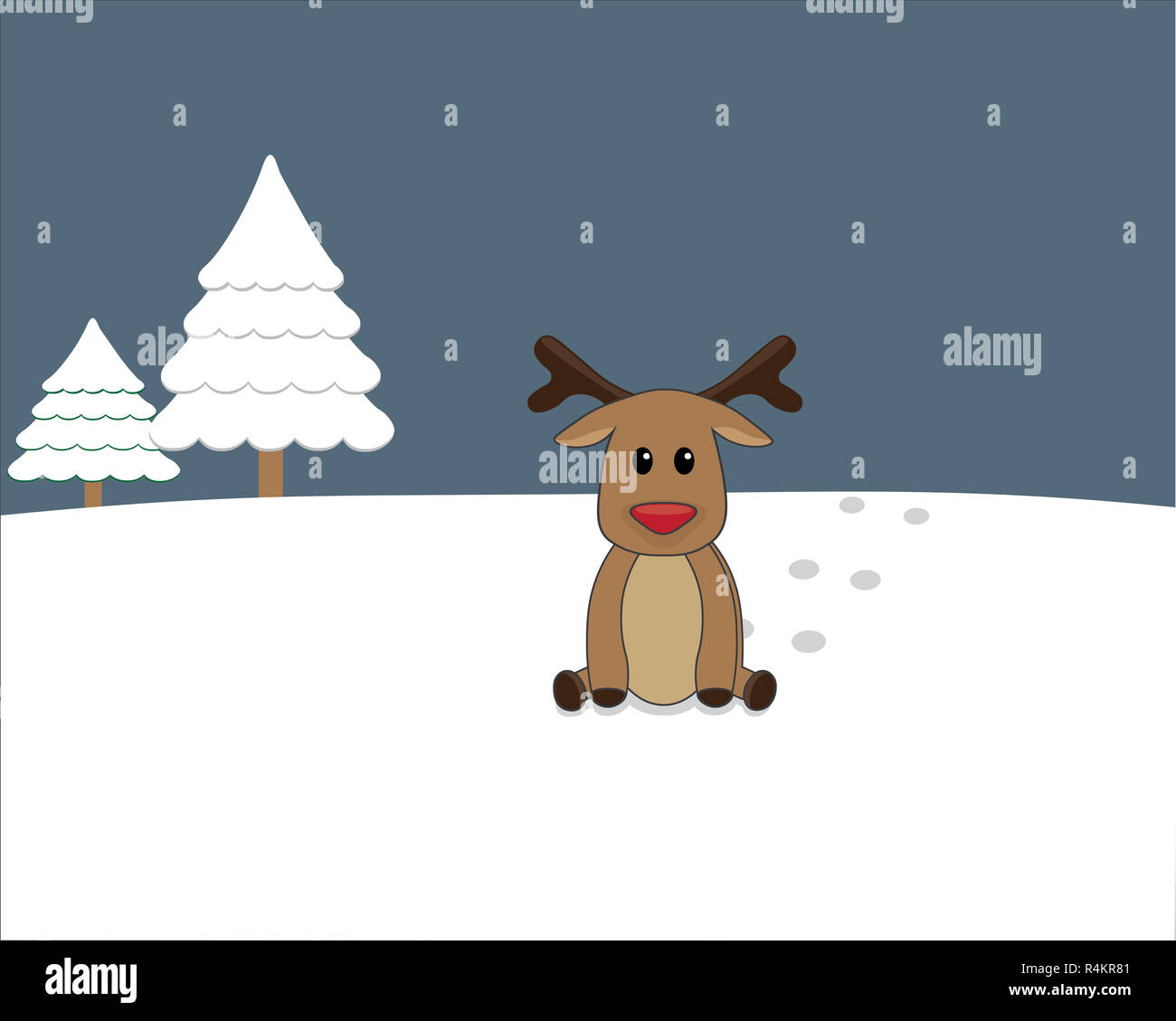 Illustration of a baby red nosed reindeer sitting in the snow Stock Photo