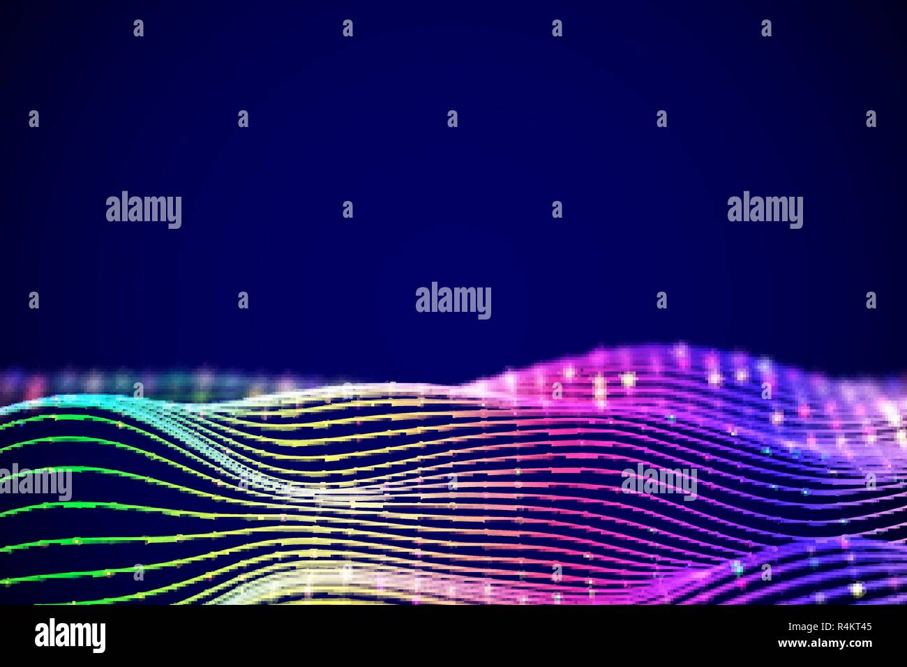 3D Sound waves with colored dots. Big data abstract visualization. Stock Vector