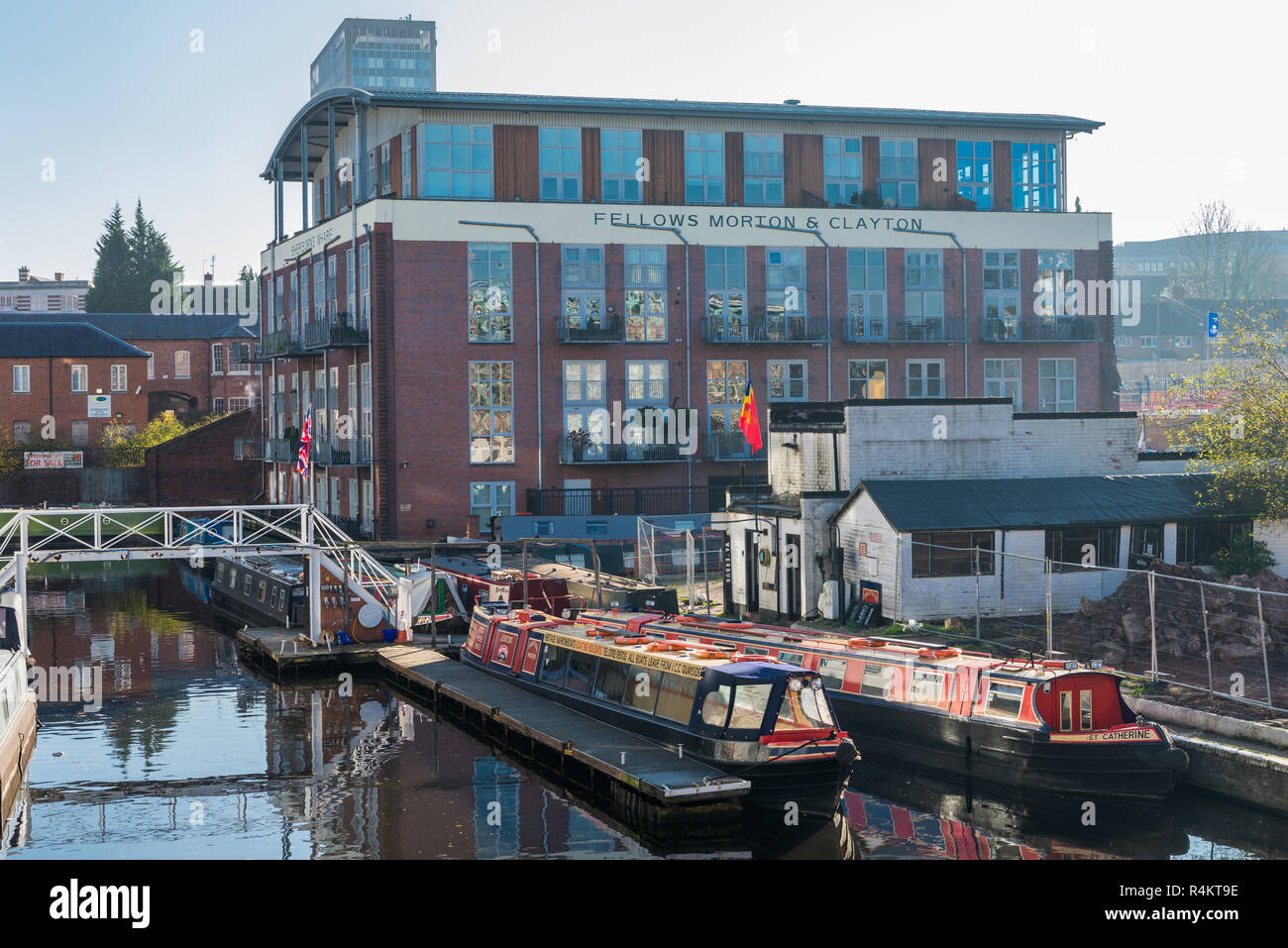 Waterside apartments overlooking the Birmingham Canal Old Line in Birmingham City Centre Stock Photo