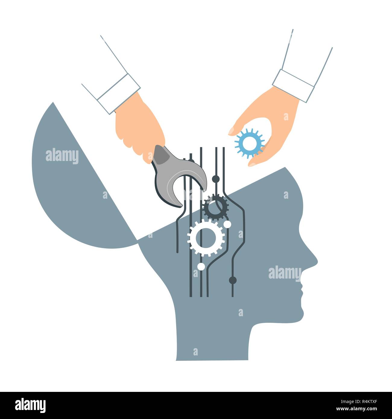 NLP or Neuro-Linguistic Programming concept. Open Human Head and a Hand with a Wrench. Manipulation, Mental health, personal development, and psychotherapy icon Stock Vector