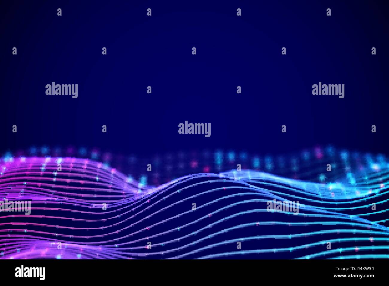 3D Sound waves with colored dots. Big data abstract visualization. Stock Vector