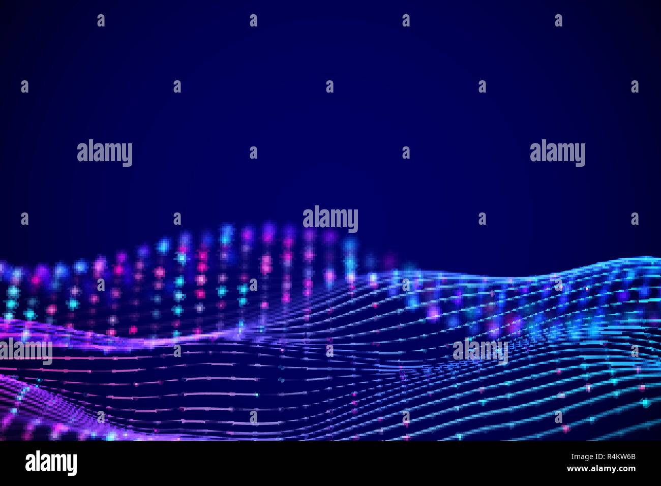 3D Sound waves with colored dots. Big data abstract visualization. Stock Vector