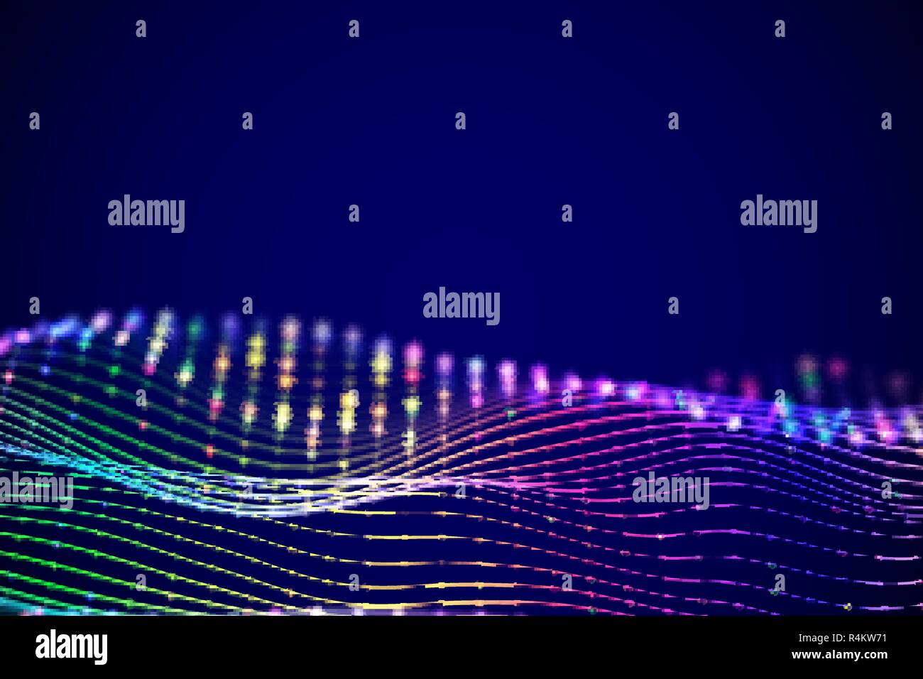 3D Sound waves with colored dots. Big data abstract visualization. Stock Vector
