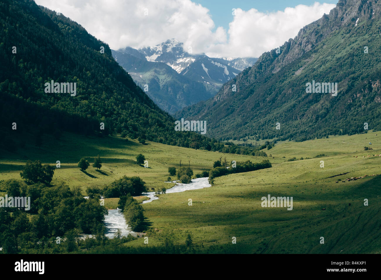 green mountain valley landscape with blue sky and white clouds. Deep ...