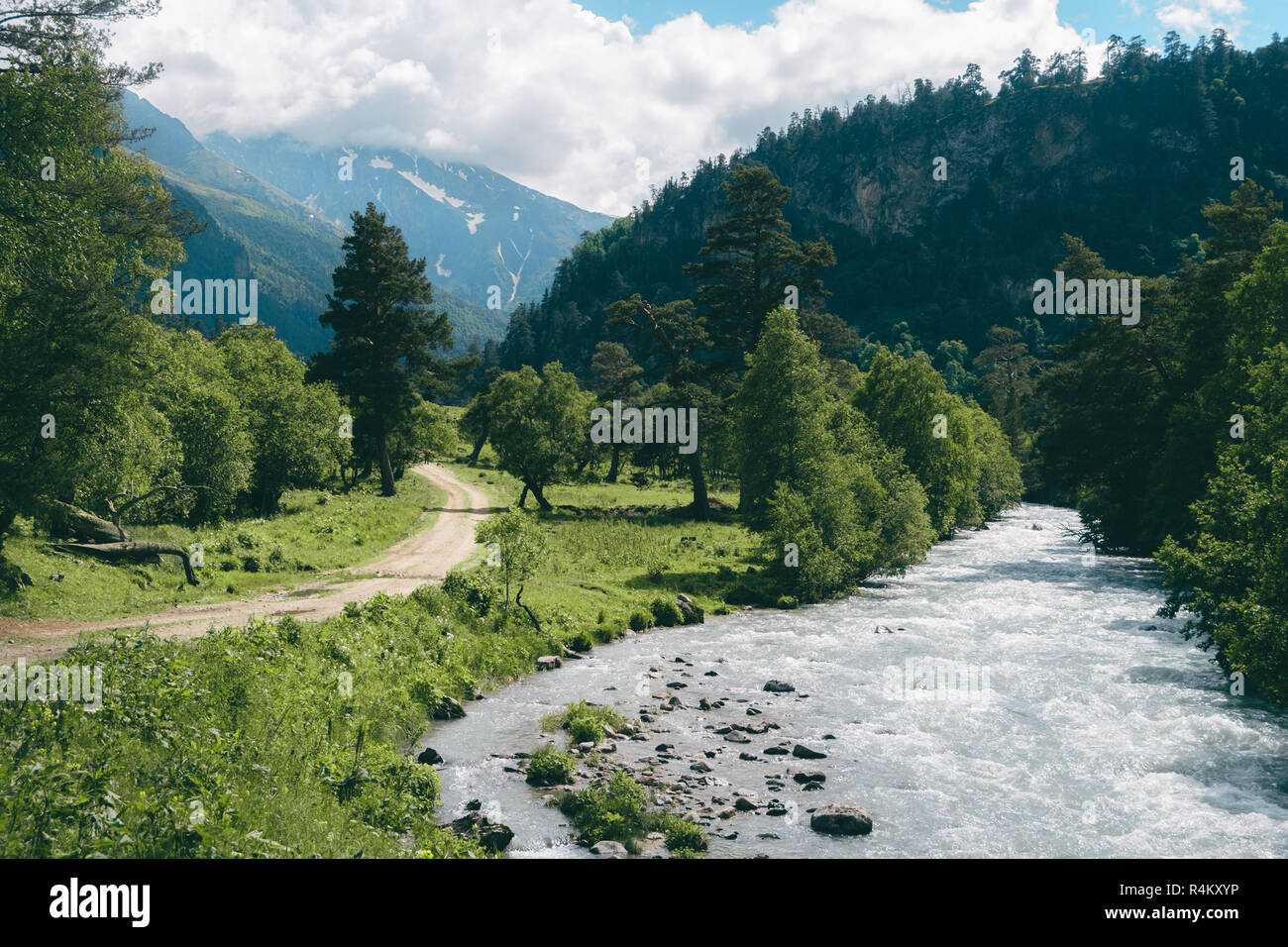 Highland Rivers Highland landscape with road and river with green pine forest and ...