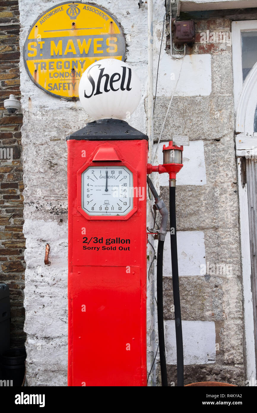 Old Shell petrol pumps in St Mawes on the south coast of Cornwall