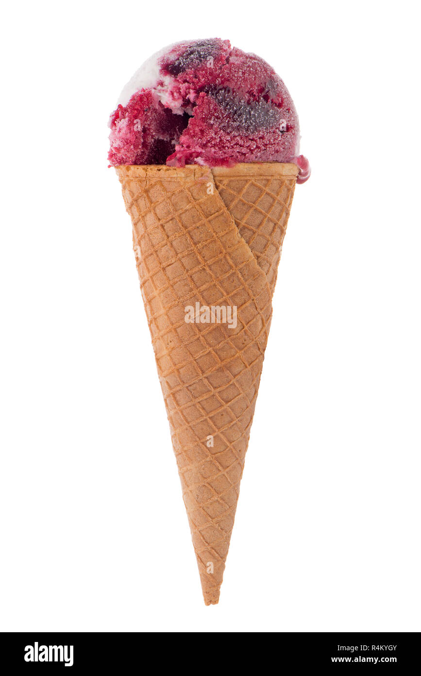 Ice cream cone with scoop of red fruits isolated on white background. Stock Photo