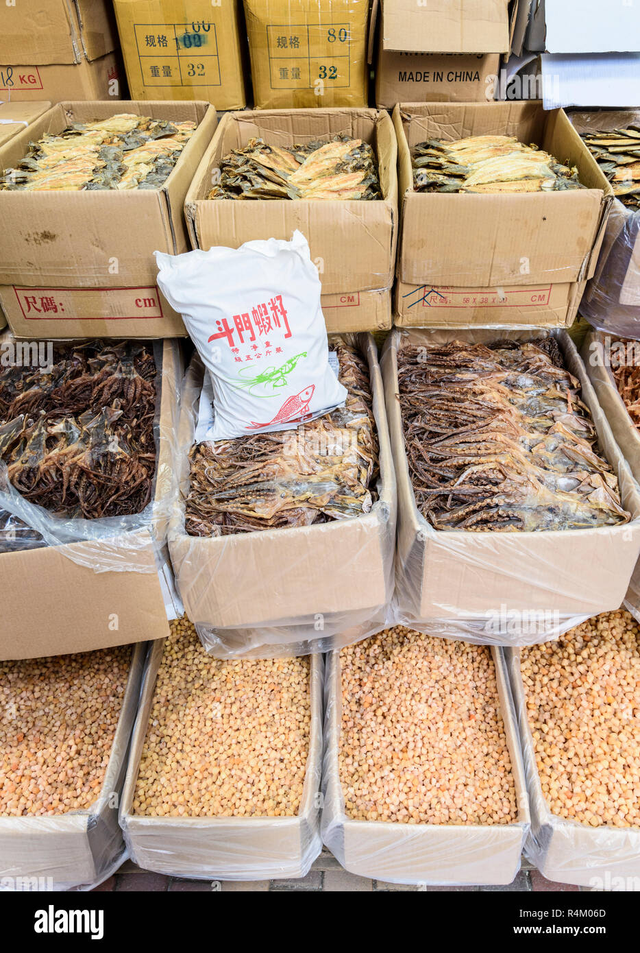 Dried seafood display in the streets of Sheung Wan, Hong Kong Stock