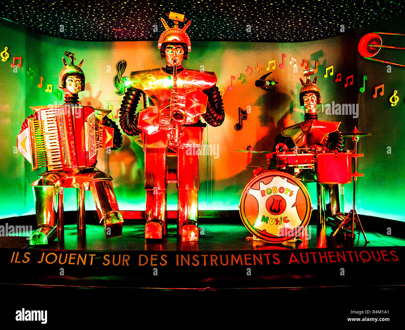 Robots Music is an art installation with real instruments Stock Photo