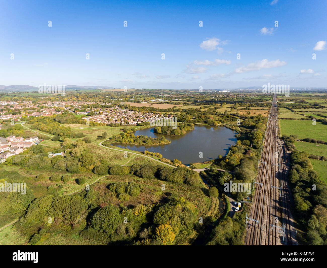 Cardiff Track Aerial view of Railway Track in St Mellons Town in Cardiff, Wales UK ...