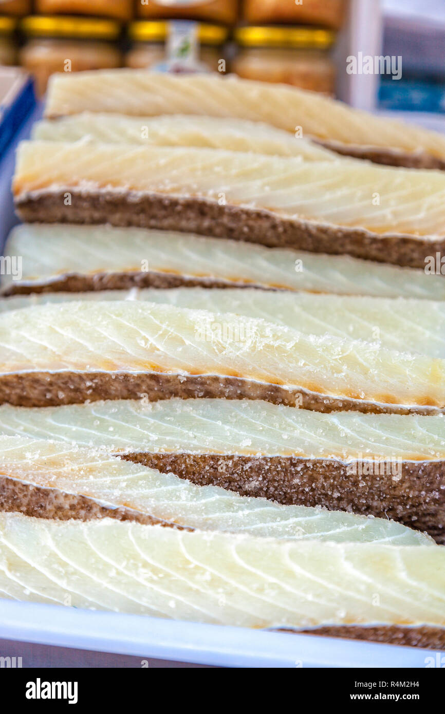 Dried salted cod on sale at a market stall Stock Photo Alamy