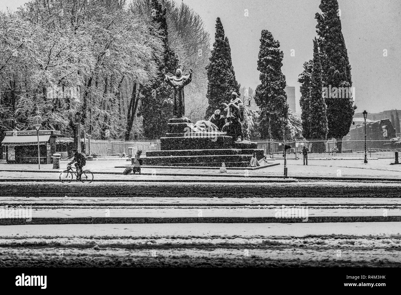 Pialy Lazio Rome Piazza San Giovanni. Snow Stock Photo