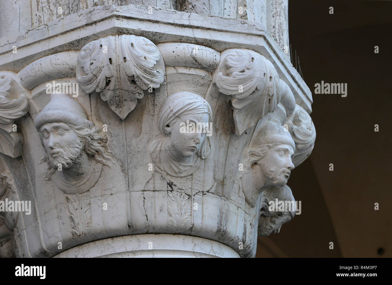 Italy.  Venice. Doge's Palace. 14th-15th century. Venetian Gothic style. Ornate capital. St. Mark's Square. Veneto Region. Stock Photo