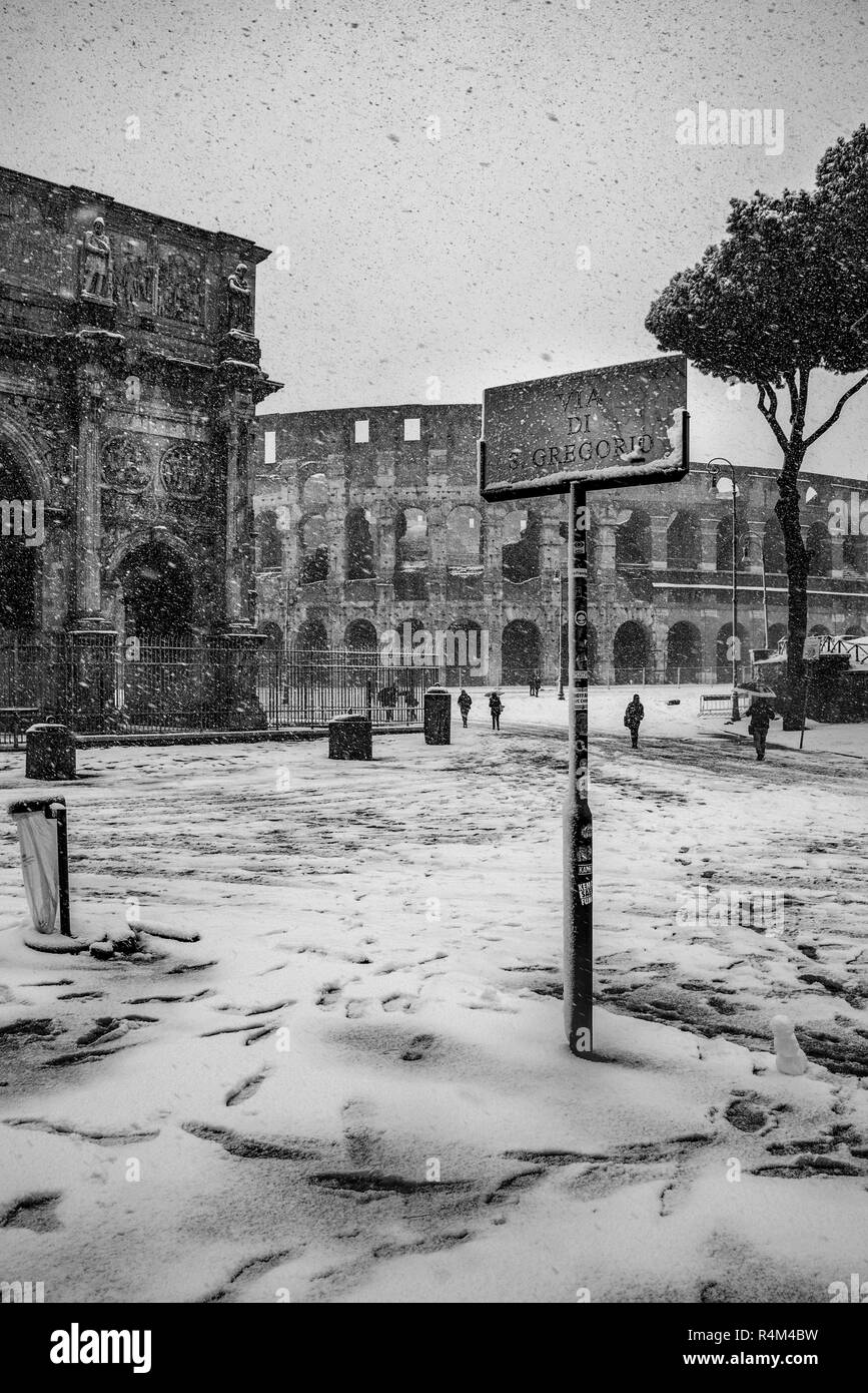 Italy lazio Rome Coliseum Snow Stock Photo