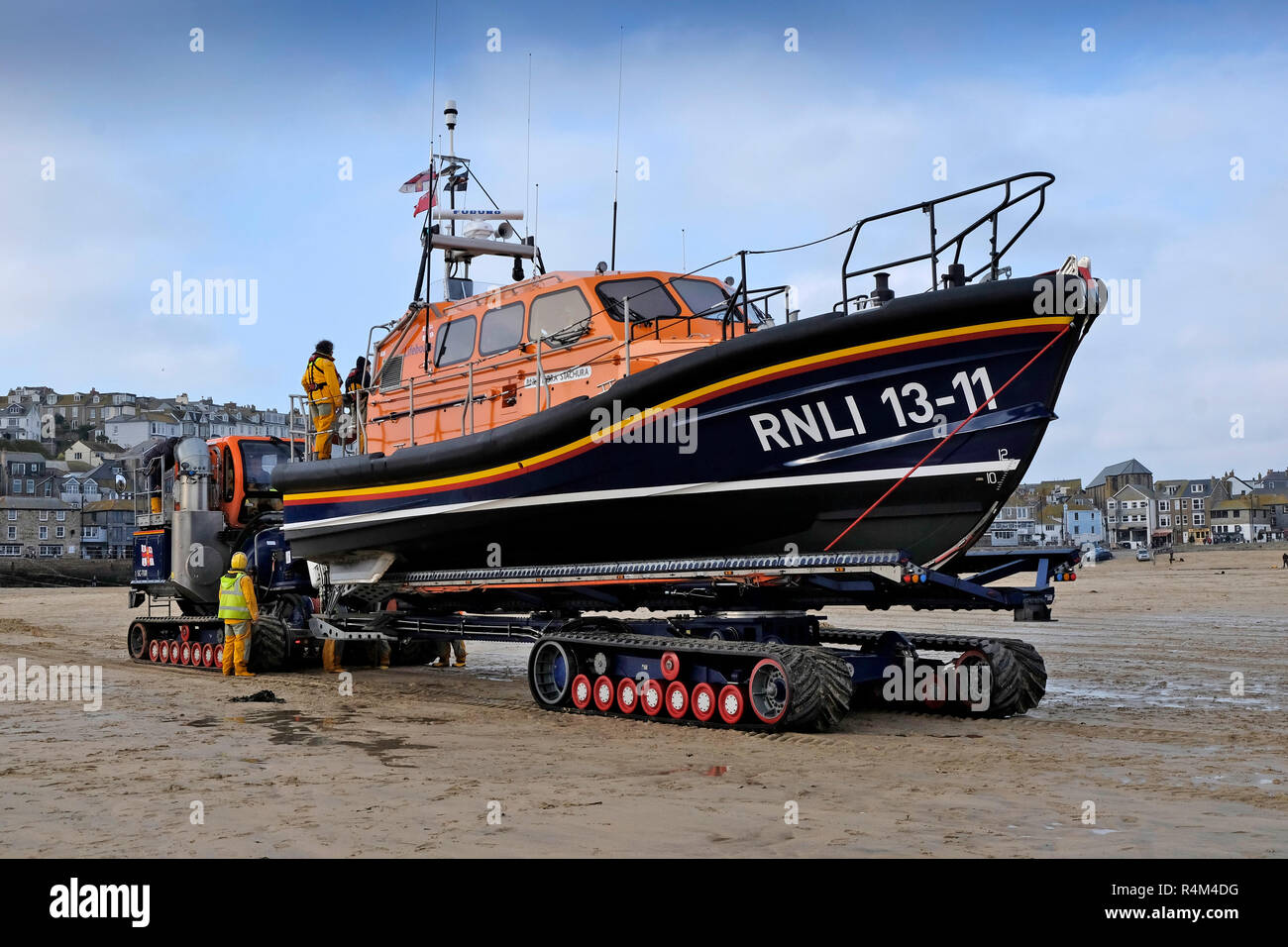 The St.Ives, Cornwall, UK, RNLI lifeboat a Shannon Class named 'Nora Stachura' on her launch & recovery system vehicle preparing for launching. Stock Photo