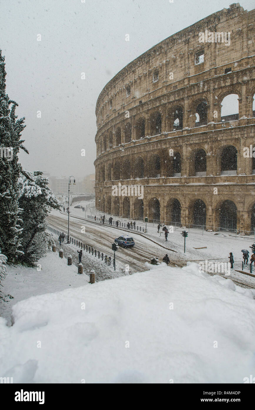 Italy Lazio Rome ,coliseum Snow Stock Photo