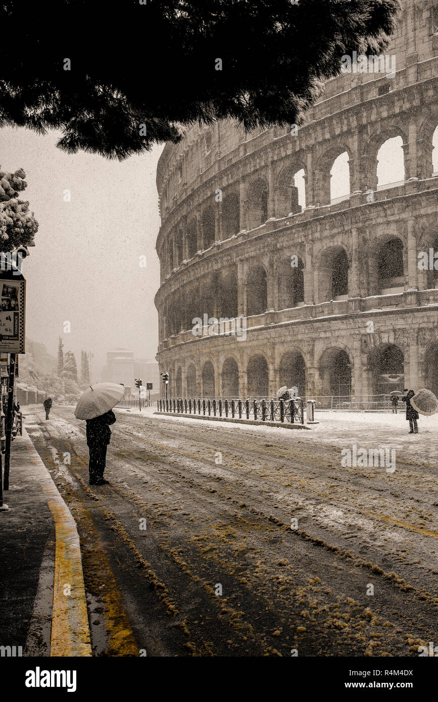 Italy Lazio Rome ,Coliseum Snow Stock Photo