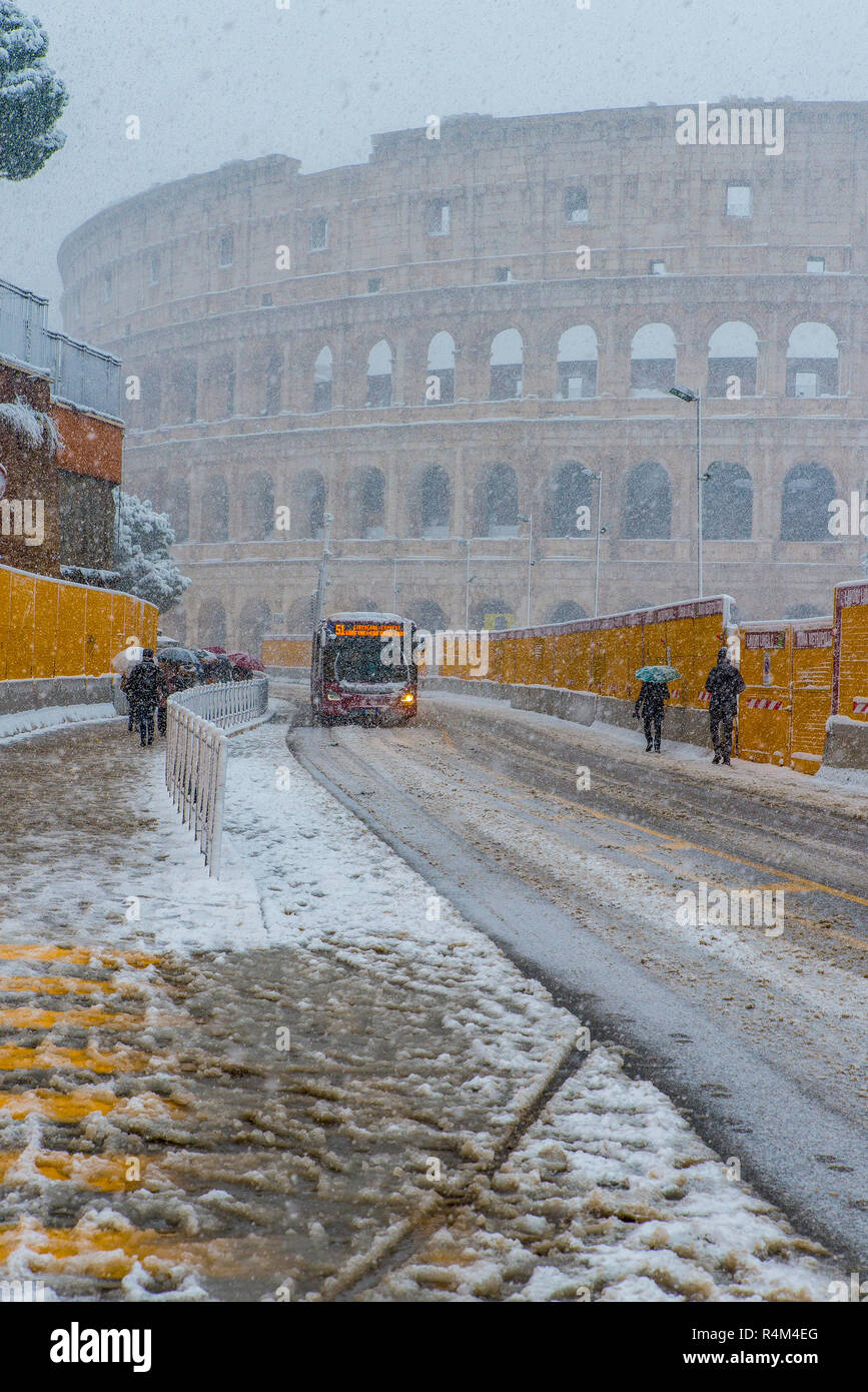 Italy Lazio Rome ,Coliseum Snow Stock Photo