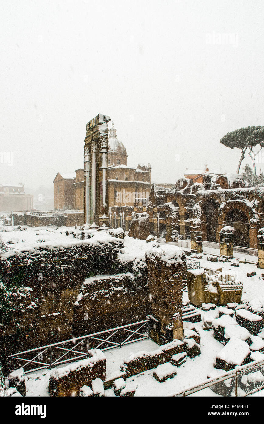 Italy Lazio Rome , Fori Imperiali view with  Snow Stock Photo