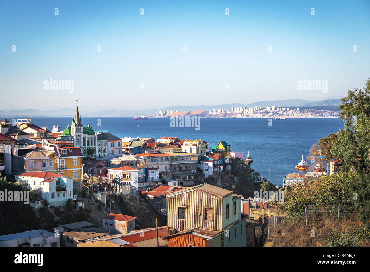 Aerial view of Valparaiso with Lutheran Church from Cerro Carcel Hill - Valparaiso, Chile Stock Photo