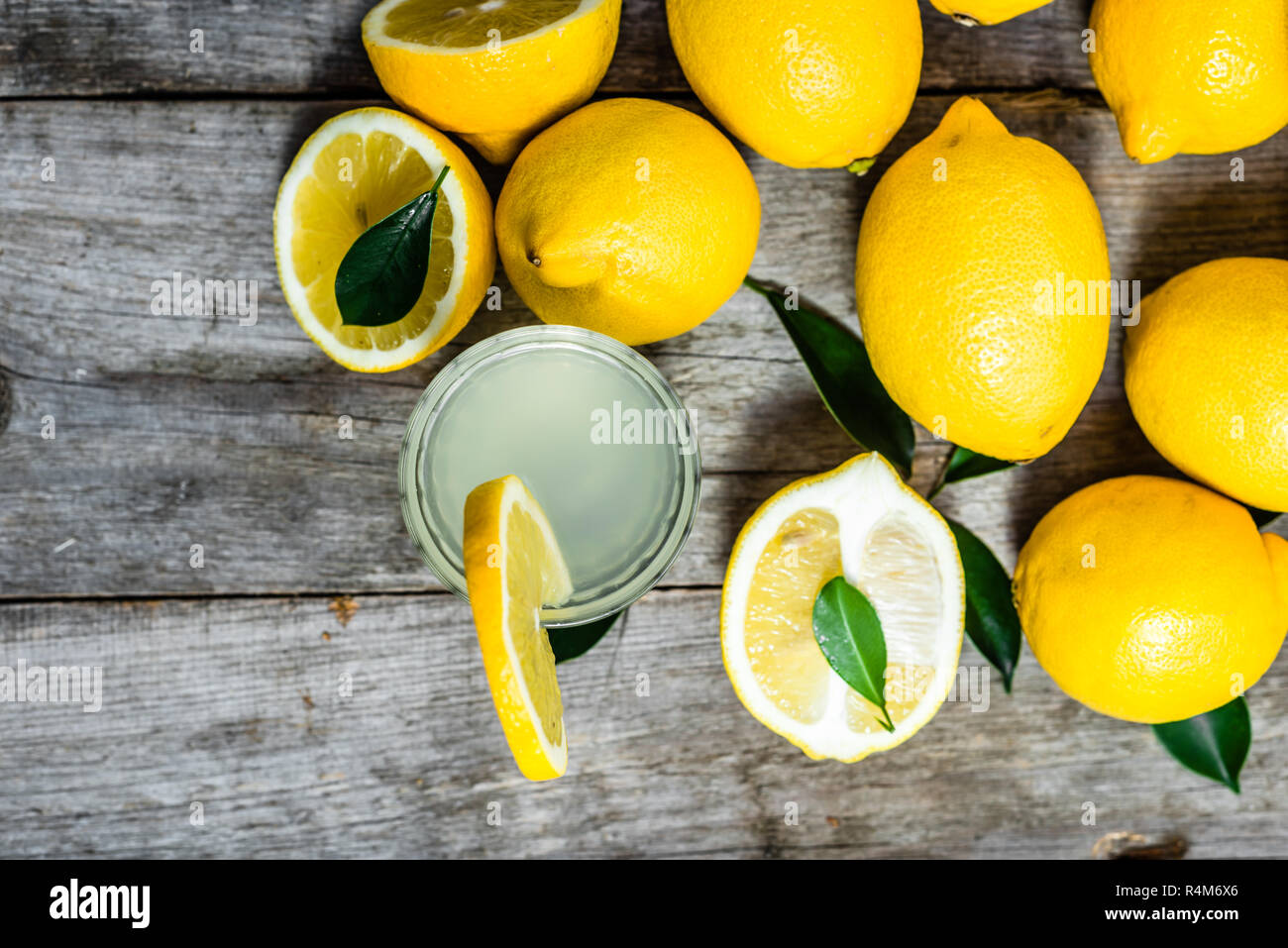Cold drink water with lemon juice in glass, top view Stock Photo Alamy