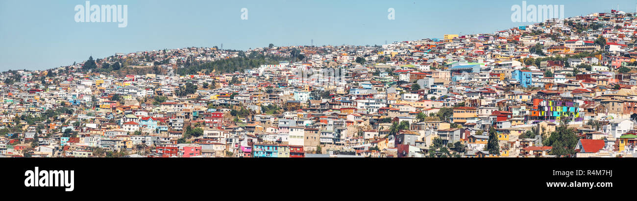 Panoramic view of Houses of Valparaiso view from Cerro Concepcion Hill - Valparaiso, Chile Stock Photo