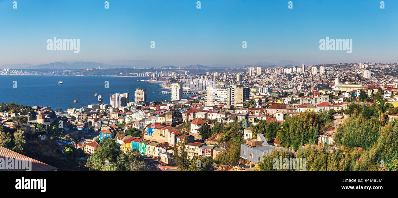 Panoramic aerial view of Valparaiso from Avenida Alemania - Valparaiso, Chile Stock Photo