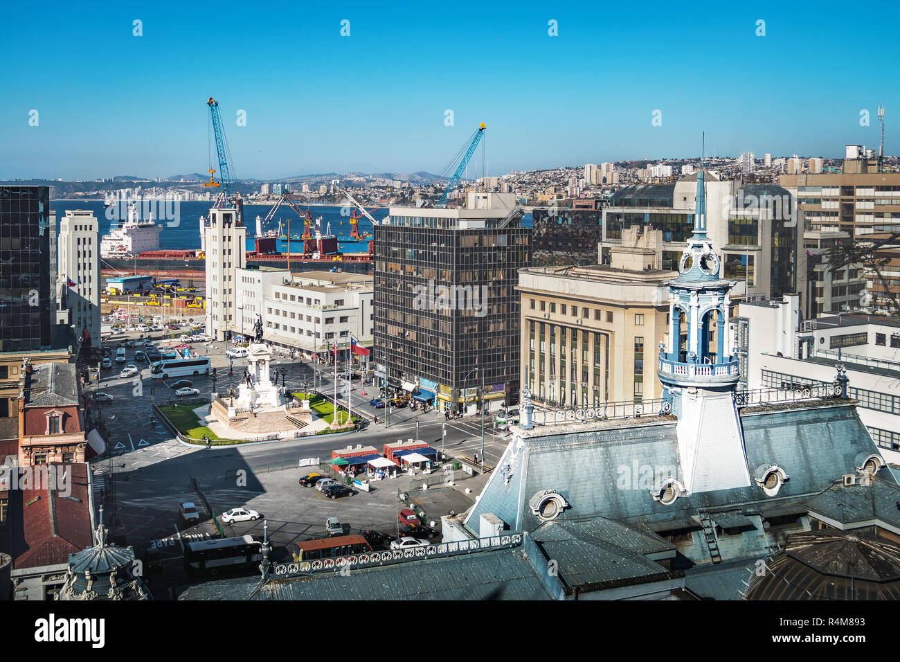 Aerial view of Plaza Sotomayor Square and Chilean Navy (Armada de Chile) building - Valparaiso, Chile Stock Photo