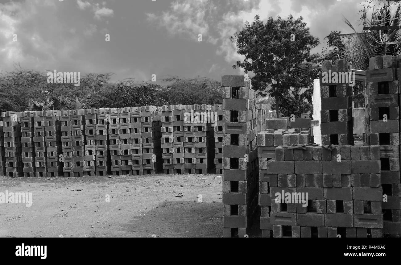 Stacks of concrete blocks, black and whitetrees,landscape,ancient