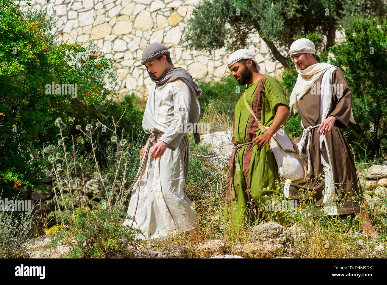 5 May 2018 Young men in period costume in the open air museum of Nazareth Village Israel. This site provides an authentic look at the life and times o Stock Photo