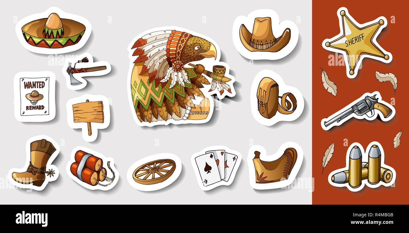 Western wild west art stickers set. Gun, bullets, dynamite and many other  items Stock Vector Image & Art - Alamy