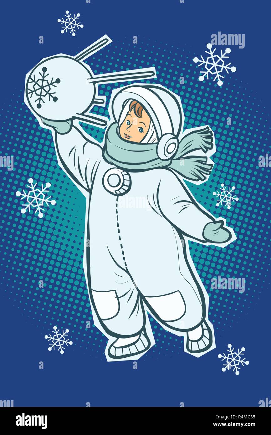 Little boy astronaut. Space satellite sputnik in hands. Winter snowfall. Comic cartoon pop art retro vector illustration drawing Stock Vector