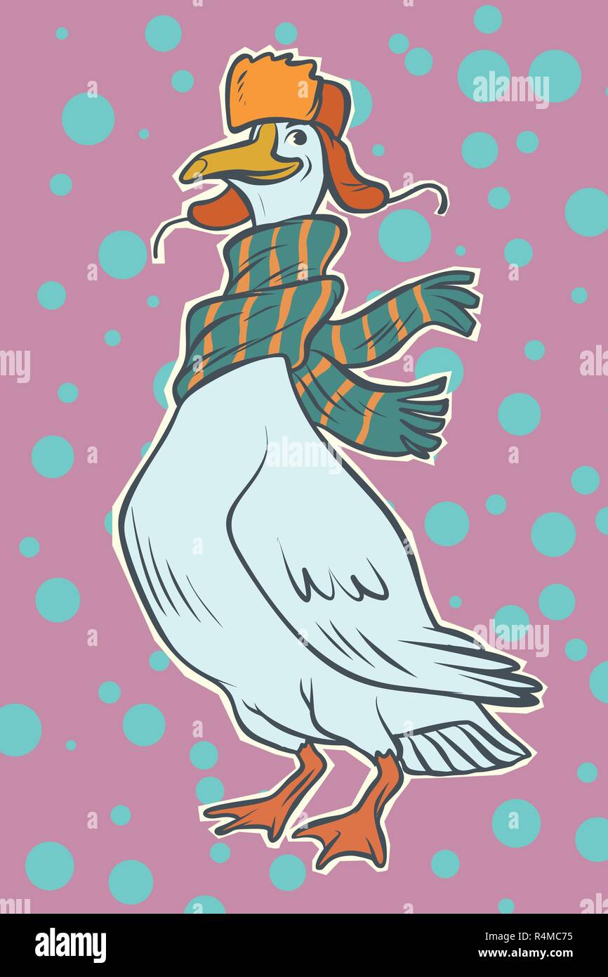 Christmas goose in winter hat. Fairytale character. Comic cartoon pop art retro vector illustration drawing Stock Vector