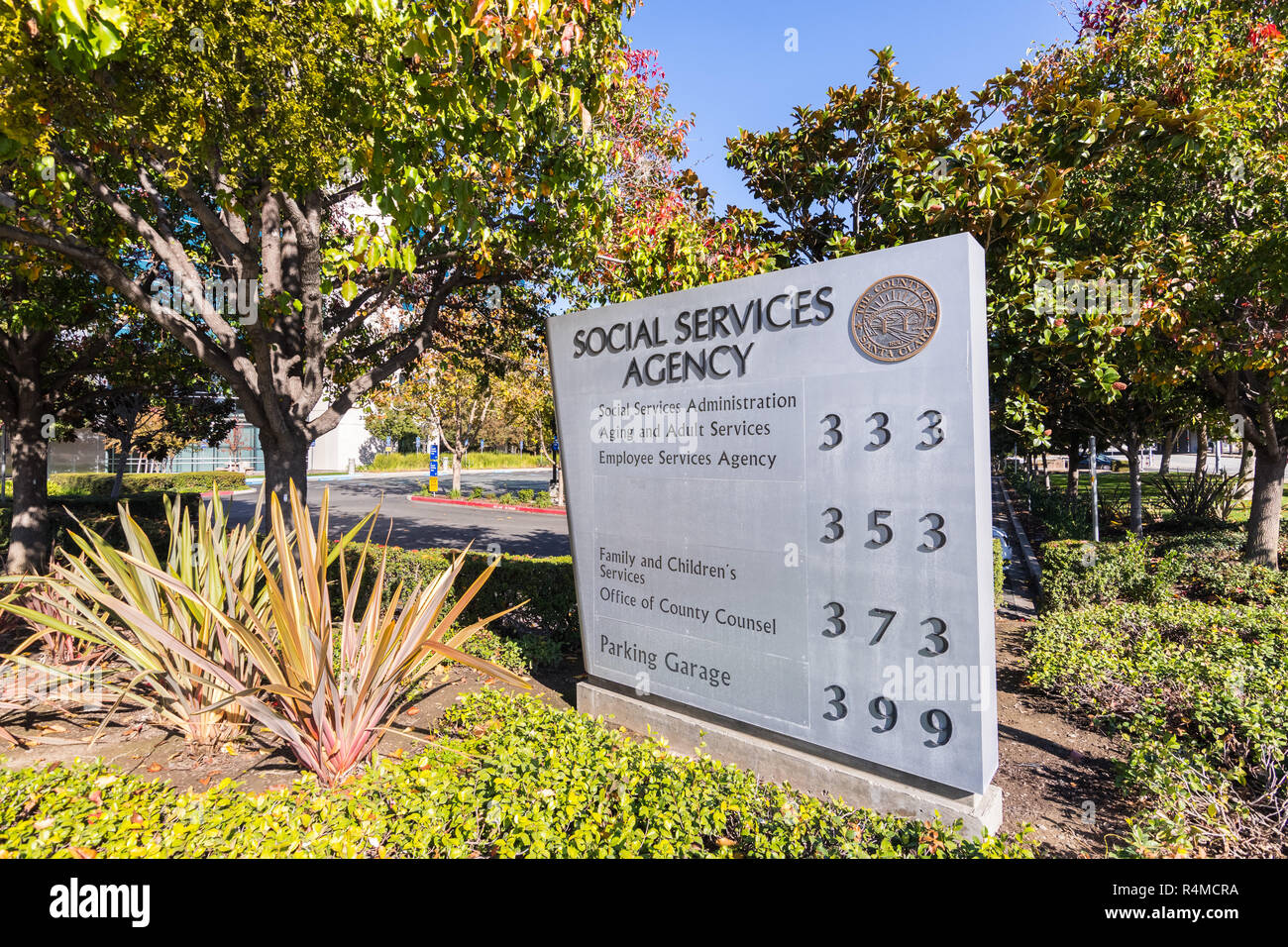 November 25, 2018 San Jose / CA / USA - Social Services Agency for Santa Clara county sign located in front of their offices close to downtown San Jos Stock Photo