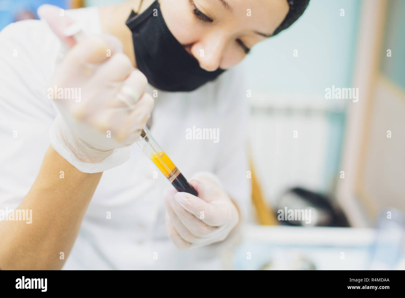 Set of preparation of blood plasma from the test tube in a syringe of