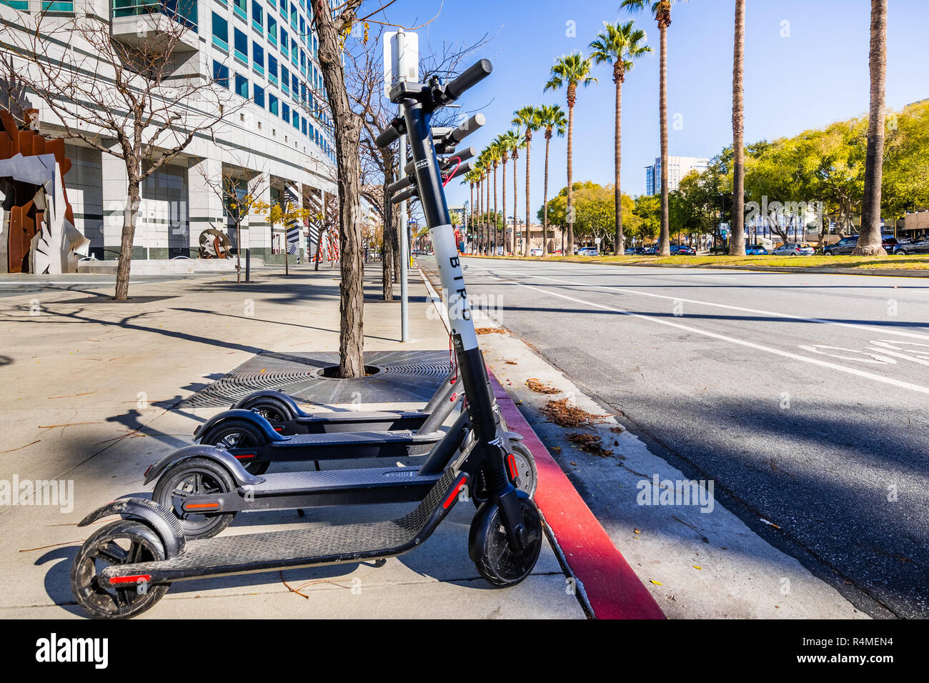 November 25, 2018 San Jose / CA / USA - Bird Electric Scooters lined up on a sidewalk in downtown San Jose, south San Francisco bay area Stock Photo