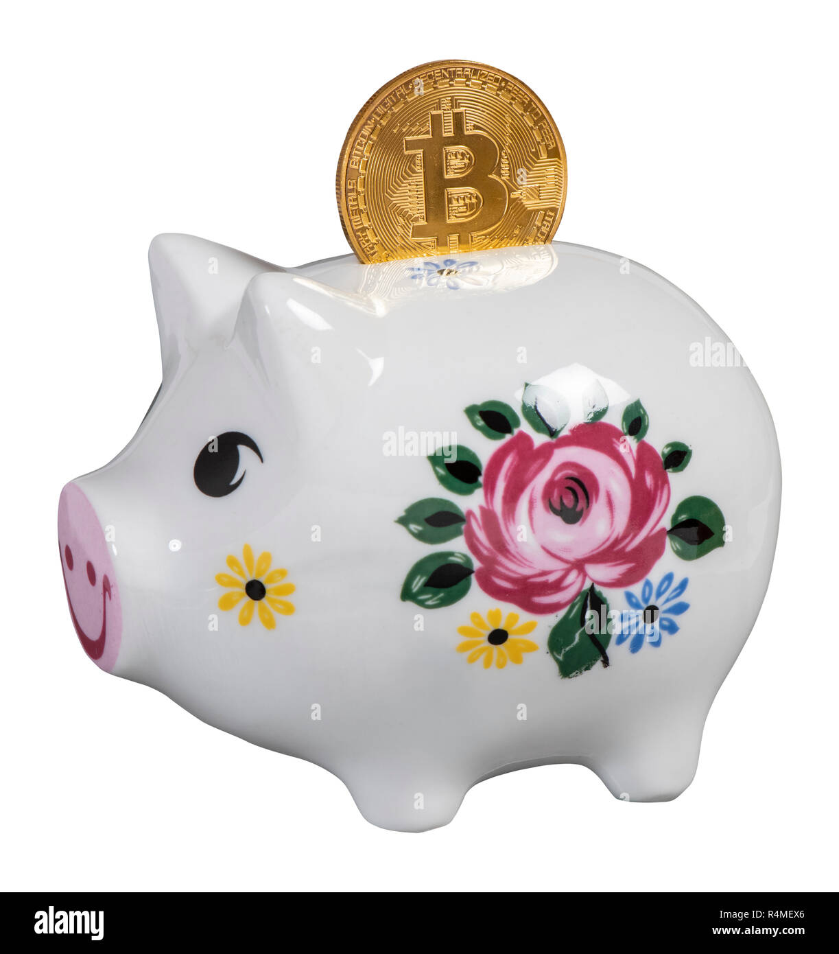 cryptocurrency bitcoin laying on piggy bank Stock Photo
