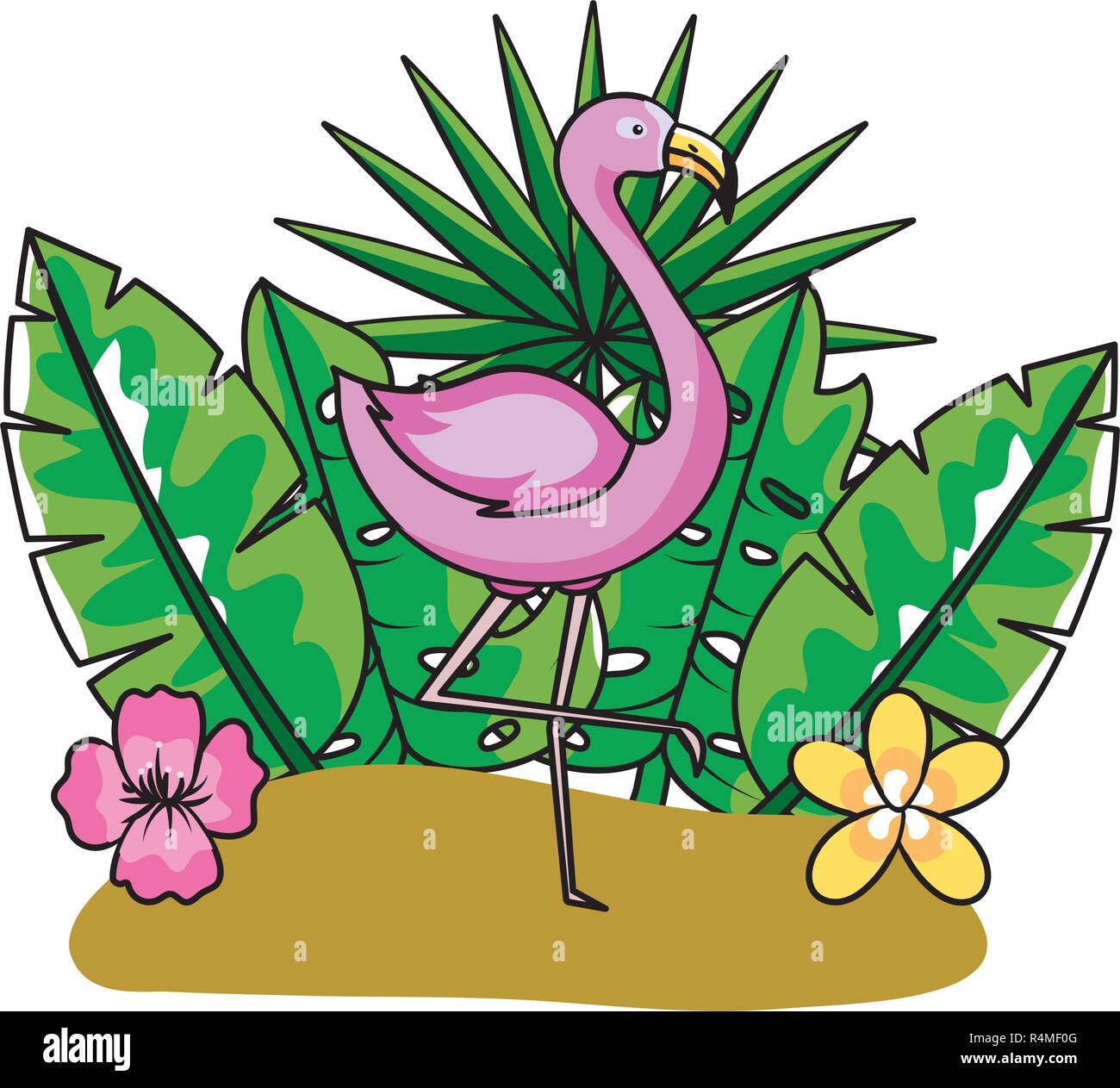 tropical summer pink flamingo with flowers and palm leaf cartoon vector ...